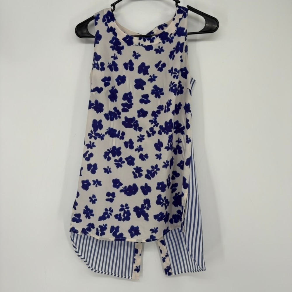 Cabi Womens XS Blue White Floral Striped Mixed Print Sleeveless Blouse‎ #5357